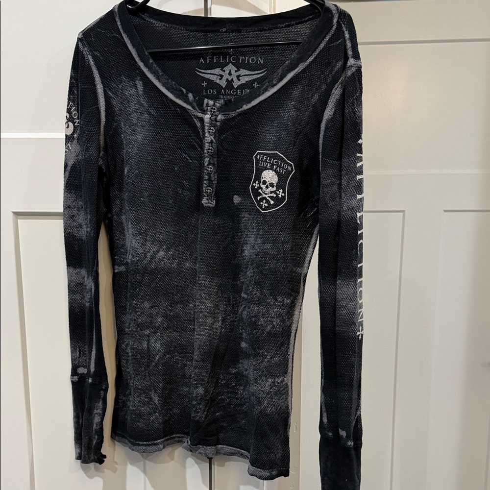 Affliction Black & Faded White Distressed Henley Long Sleeve
